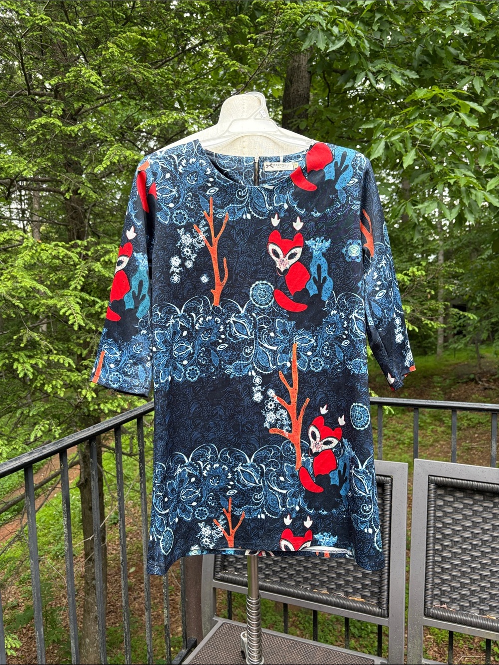 Partysu Blue Print Tunic Dress with Red Fox Accents sz M